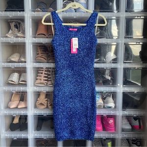 Blue Metallic Shiny Confetti Bodycon Allover Stretch Mini Party Dress